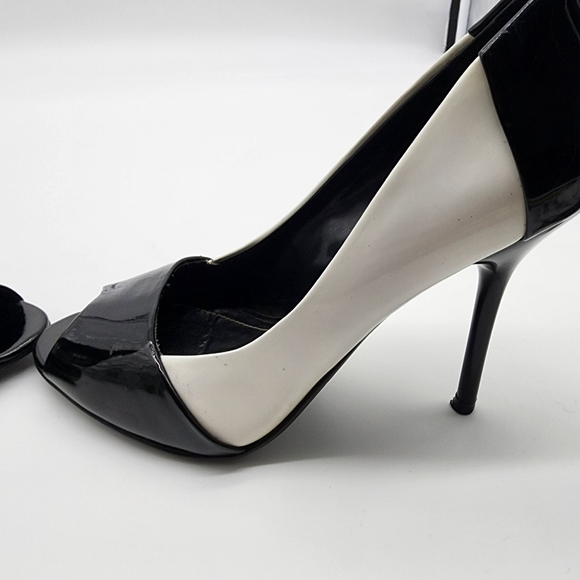 Aus6/ 37 Aldo Black and White Patent Leather Open Toe Heels Shoes - Picture 9 of 16